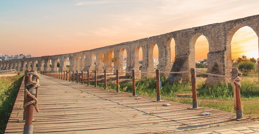 Kamares aqueduct arches at sunset