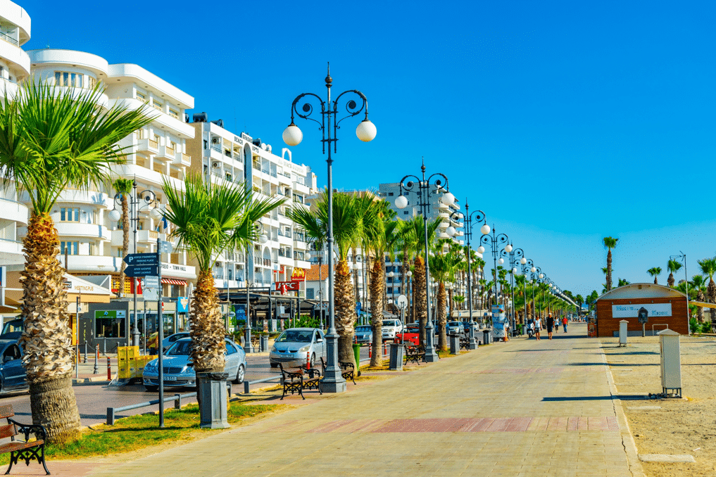 Palm-lined Finikoudes beach promenade in Larnaca